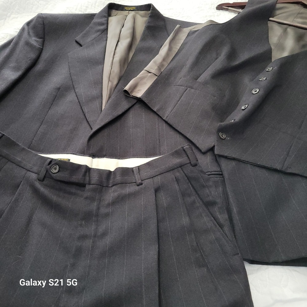 VTG Oscar de la Renta Mens 3 Piece Pinstripe Suit Dark Grey Blazer Vest Pant 42R